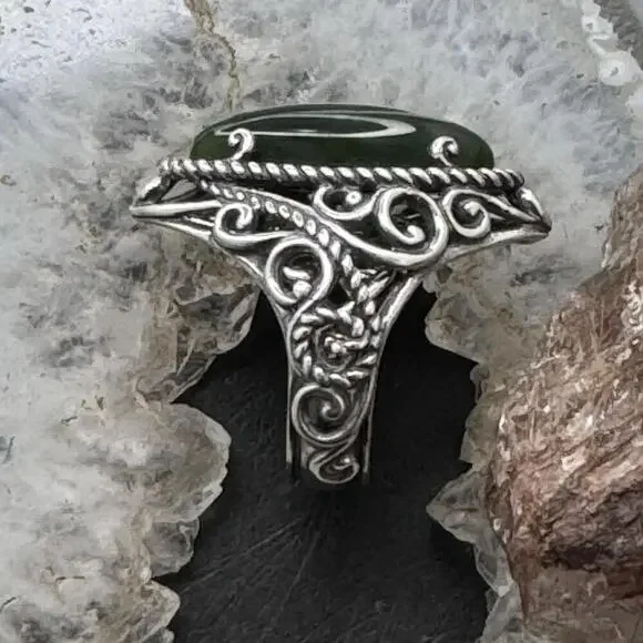 Carolyn Pollack Sterling Silver Elongated Oval Dark Green Chalcedony Ring - Picture 5 of 10